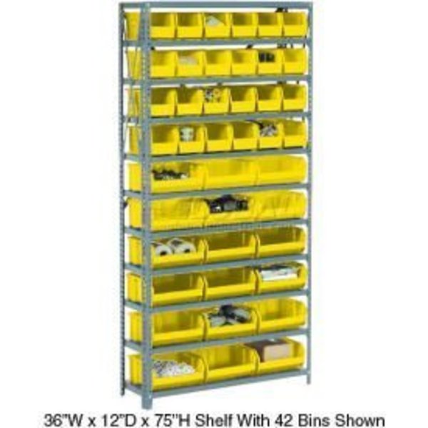 Global Equipment Steel Open Shelving - 17 Yellow Plastic Stacking Bins 6 Shelves - 36x12x39 603244YL